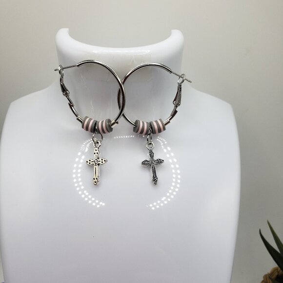 Hand Made Earrings Hoops With Crosses - Picture 1 of 3